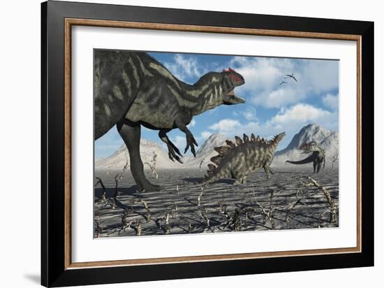 Allosaurus Dinosaurs Moving in to Kill a Stegosaurus Trapped in a Mud Pit-null-Framed Art Print