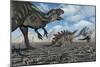 Allosaurus Dinosaurs Moving in to Kill a Stegosaurus Trapped in a Mud Pit-null-Mounted Art Print