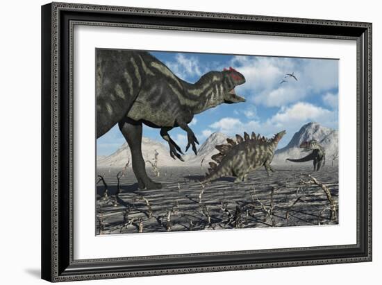 Allosaurus Dinosaurs Moving in to Kill a Stegosaurus Trapped in a Mud Pit-null-Framed Art Print