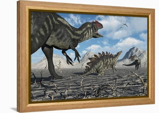 Allosaurus Dinosaurs Moving in to Kill a Stegosaurus Trapped in a Mud Pit-null-Framed Stretched Canvas