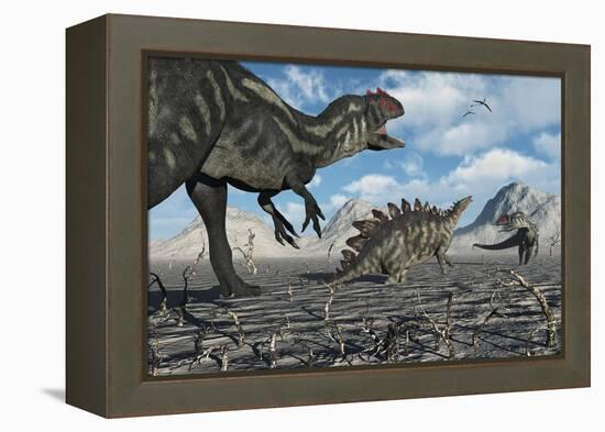 Allosaurus Dinosaurs Moving in to Kill a Stegosaurus Trapped in a Mud Pit-null-Framed Stretched Canvas