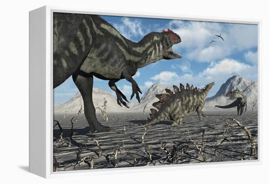 Allosaurus Dinosaurs Moving in to Kill a Stegosaurus Trapped in a Mud Pit-null-Framed Stretched Canvas