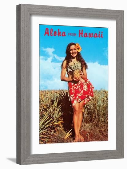 Aloha from Hawaii, Girl with Pineapple in Field-null-Framed Art Print