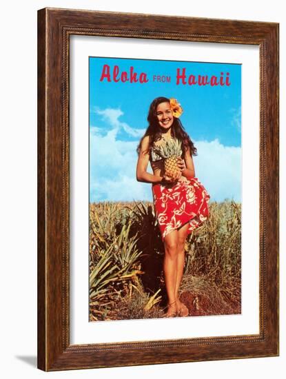 Aloha from Hawaii, Girl with Pineapple in Field-null-Framed Art Print