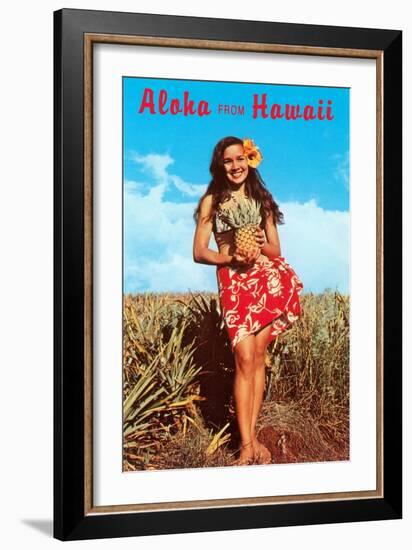 Aloha from Hawaii, Girl with Pineapple in Field--Framed Art Print