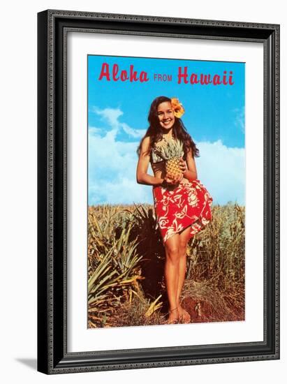 Aloha from Hawaii, Girl with Pineapple in Field-null-Framed Art Print