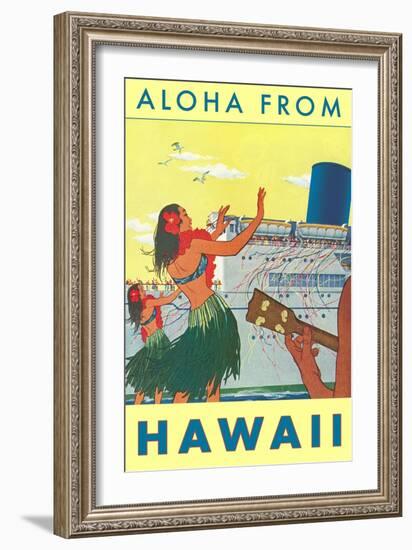 Aloha from Hawaii, Hawaiian Girls Greeting Cruise Ship-null-Framed Art Print