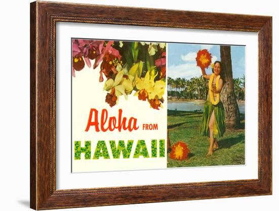 Aloha from Hawaii, Hula Girl and Flowers-null-Framed Art Print