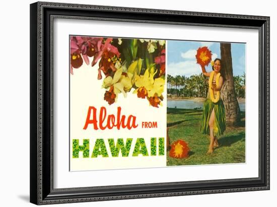 Aloha from Hawaii, Hula Girl and Flowers-null-Framed Art Print