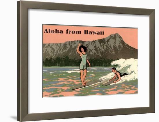 Aloha from Hawaii, Old Fashioned Surfers-null-Framed Art Print