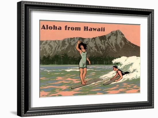 Aloha from Hawaii, Old Fashioned Surfers-null-Framed Art Print