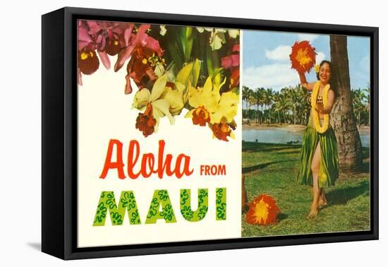 Aloha from Maui, Hula Girl and Flowers-null-Framed Stretched Canvas