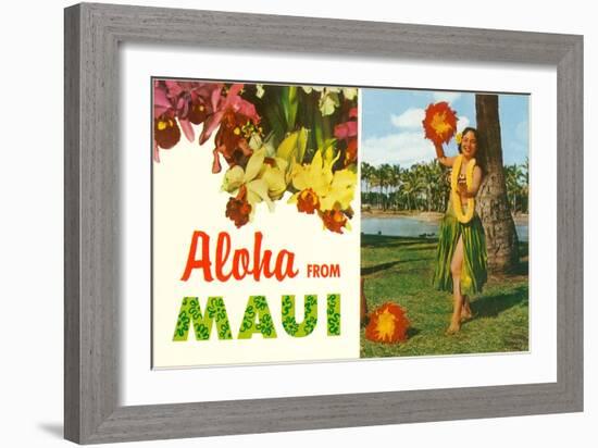 Aloha from Maui, Hula Girl and Flowers-null-Framed Art Print