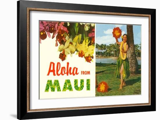 Aloha from Maui, Hula Girl and Flowers-null-Framed Art Print