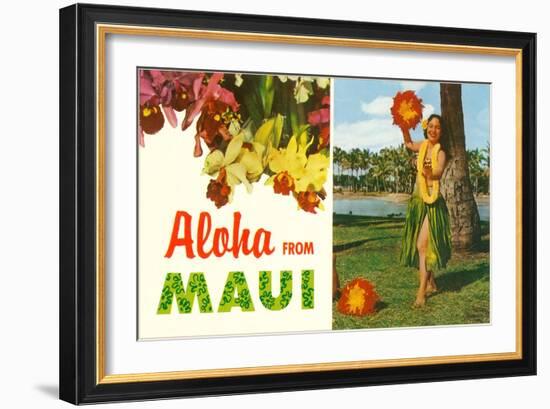 Aloha from Maui, Hula Girl and Flowers-null-Framed Art Print