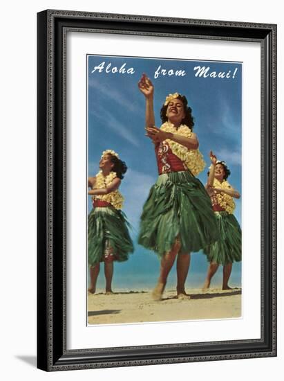 Aloha from Maui, Hula Girls on Beach-null-Framed Art Print