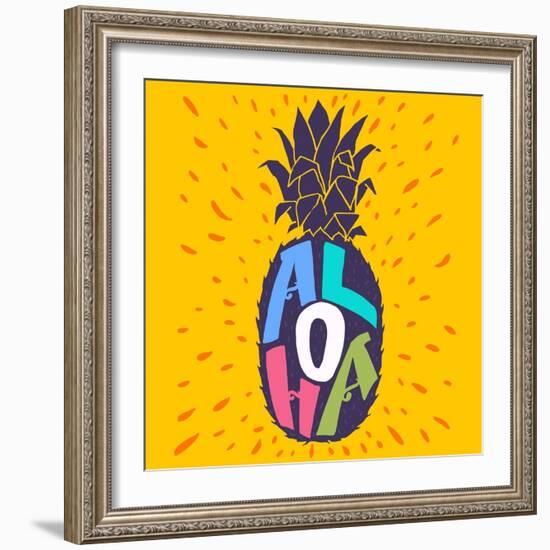 Aloha Hand Lettering in a Pineapple Silhouette. Fun Summer Typography Illustration Can Be Used As-TashaNatasha-Framed Art Print