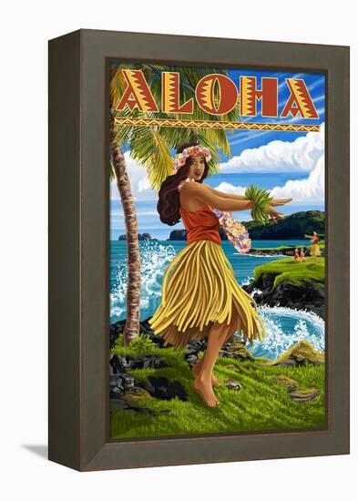 Aloha - Hawaii Hula Girl on Coast-Lantern Press-Framed Stretched Canvas