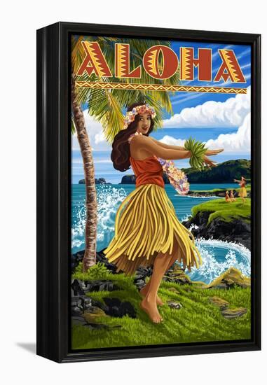 Aloha - Hawaii Hula Girl on Coast-Lantern Press-Framed Stretched Canvas