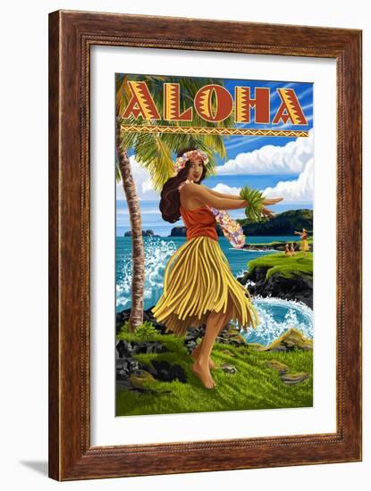 Aloha - Hawaii Hula Girl on Coast-Lantern Press-Framed Art Print