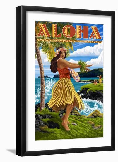 Aloha - Hawaii Hula Girl on Coast-Lantern Press-Framed Art Print