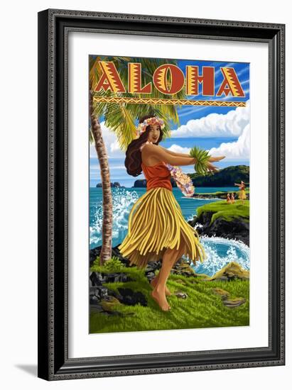 Aloha - Hawaii Hula Girl on Coast-Lantern Press-Framed Art Print