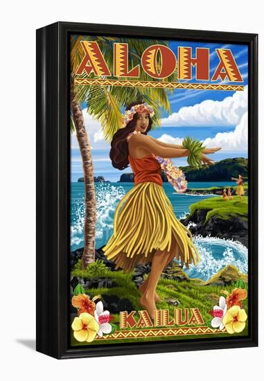 Aloha Kailua, Hawaii - Hula Girl on Coast-Lantern Press-Framed Stretched Canvas