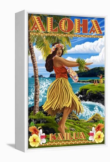 Aloha Kailua, Hawaii - Hula Girl on Coast-Lantern Press-Framed Stretched Canvas