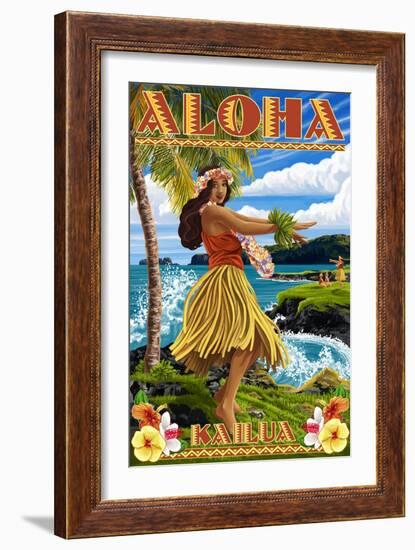 Aloha Kailua, Hawaii - Hula Girl on Coast-Lantern Press-Framed Art Print