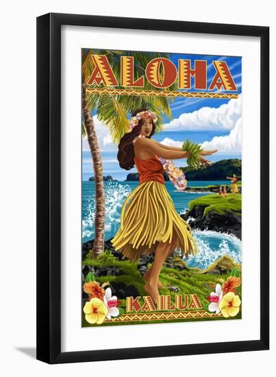 Aloha Kailua, Hawaii - Hula Girl on Coast-Lantern Press-Framed Art Print