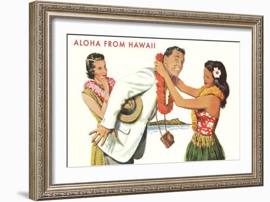 Aloha, Man Getting Lei, Hawaii-null-Framed Art Print