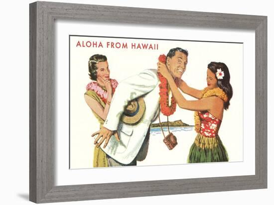 Aloha, Man Getting Lei, Hawaii-null-Framed Art Print