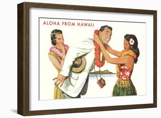 Aloha, Man Getting Lei, Hawaii-null-Framed Art Print