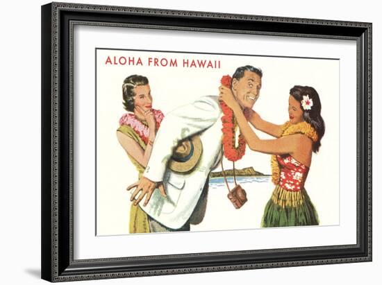 Aloha, Man Getting Lei, Hawaii-null-Framed Art Print