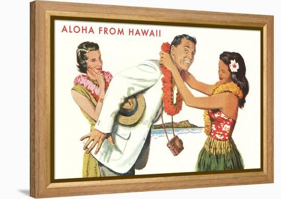 Aloha, Man Getting Lei, Hawaii-null-Framed Stretched Canvas