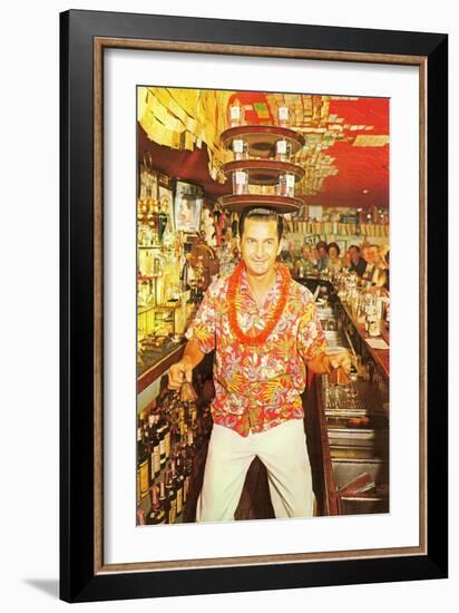 Aloha-Shirted Bartender with Trays on Head-null-Framed Art Print