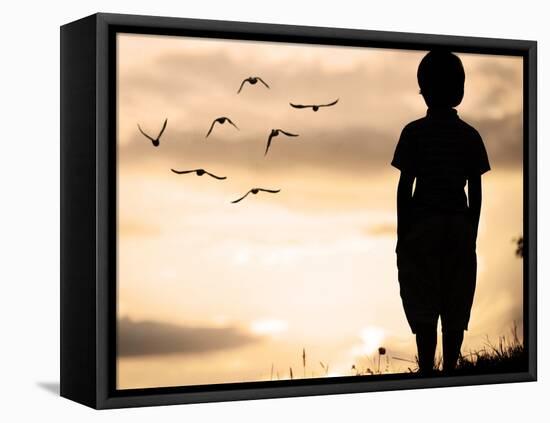 Alone Kid Standing on Field Looking far Away on Birds Flock-zurijeta-Framed Premier Image Canvas