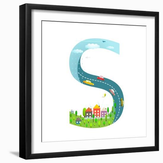 Alphabet Letter S Cartoon Flat Style for Children. for Kids Boys and Girls with City, Houses, Cars,-Popmarleo-Framed Premium Giclee Print