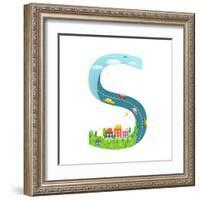 Alphabet Letter S Cartoon Flat Style for Children. for Kids Boys and Girls with City, Houses, Cars,-Popmarleo-Framed Art Print