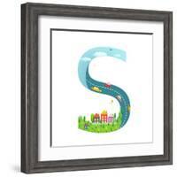 Alphabet Letter S Cartoon Flat Style for Children. for Kids Boys and Girls with City, Houses, Cars,-Popmarleo-Framed Art Print