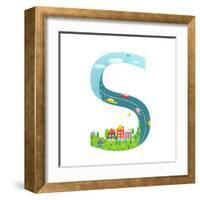 Alphabet Letter S Cartoon Flat Style for Children. for Kids Boys and Girls with City, Houses, Cars,-Popmarleo-Framed Art Print