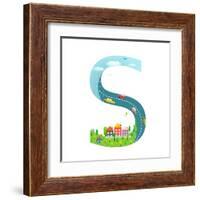 Alphabet Letter S Cartoon Flat Style for Children. for Kids Boys and Girls with City, Houses, Cars,-Popmarleo-Framed Art Print