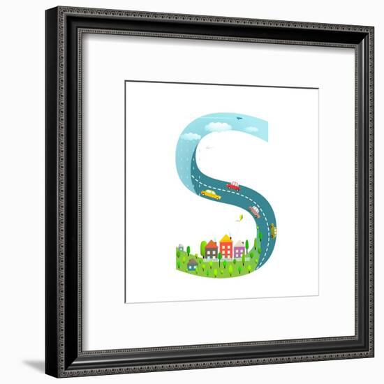 Alphabet Letter S Cartoon Flat Style for Children. for Kids Boys and Girls with City, Houses, Cars,-Popmarleo-Framed Art Print