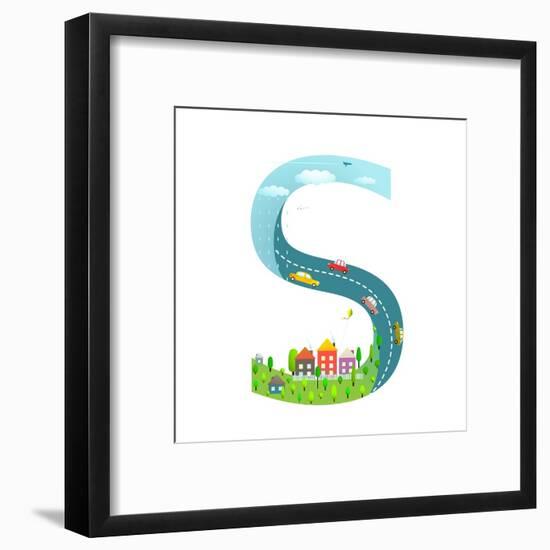 Alphabet Letter S Cartoon Flat Style for Children. for Kids Boys and Girls with City, Houses, Cars,-Popmarleo-Framed Art Print