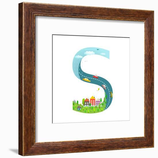 Alphabet Letter S Cartoon Flat Style for Children. for Kids Boys and Girls with City, Houses, Cars,-Popmarleo-Framed Art Print