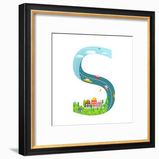 Alphabet Letter S Cartoon Flat Style for Children. for Kids Boys and Girls with City, Houses, Cars,-Popmarleo-Framed Art Print