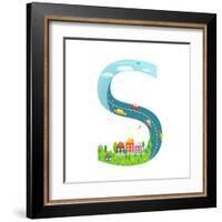 Alphabet Letter S Cartoon Flat Style for Children. for Kids Boys and Girls with City, Houses, Cars,-Popmarleo-Framed Art Print