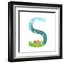 Alphabet Letter S Cartoon Flat Style for Children. for Kids Boys and Girls with City, Houses, Cars,-Popmarleo-Framed Art Print