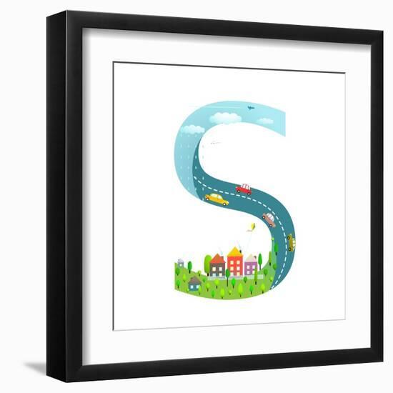 Alphabet Letter S Cartoon Flat Style for Children. for Kids Boys and Girls with City, Houses, Cars,-Popmarleo-Framed Art Print