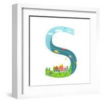 Alphabet Letter S Cartoon Flat Style for Children. for Kids Boys and Girls with City, Houses, Cars,-Popmarleo-Framed Art Print